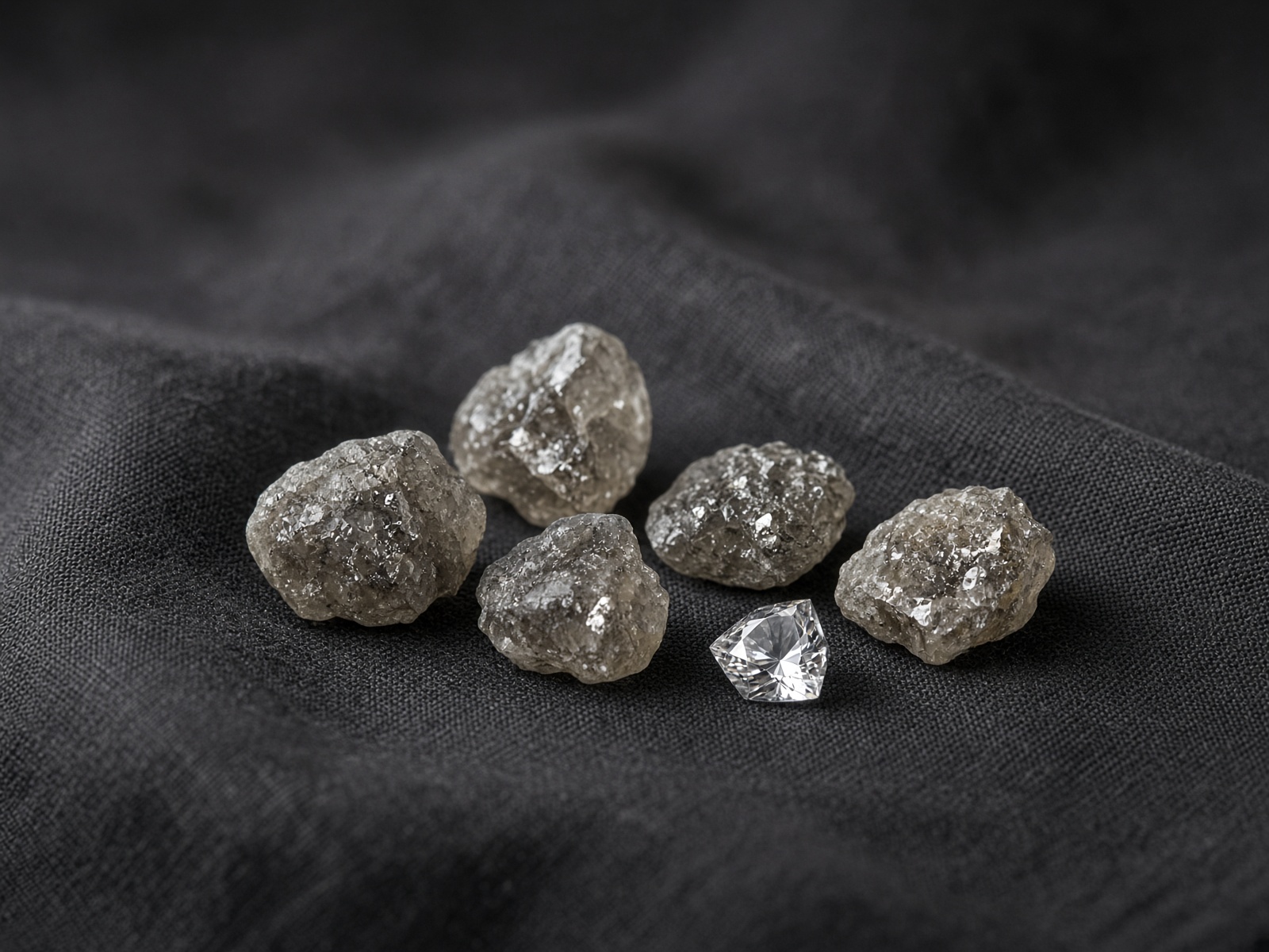 Diamants bruts et une pierre polie sur un linge sombre