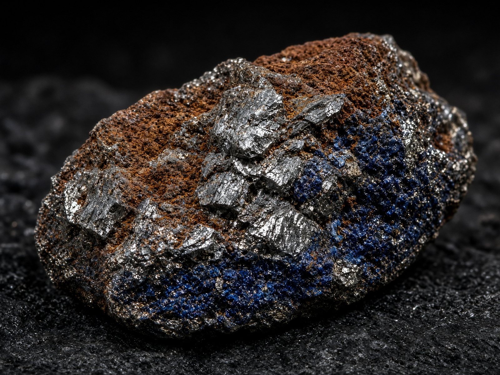 Polymetallic ore with grey, blue and rust tones