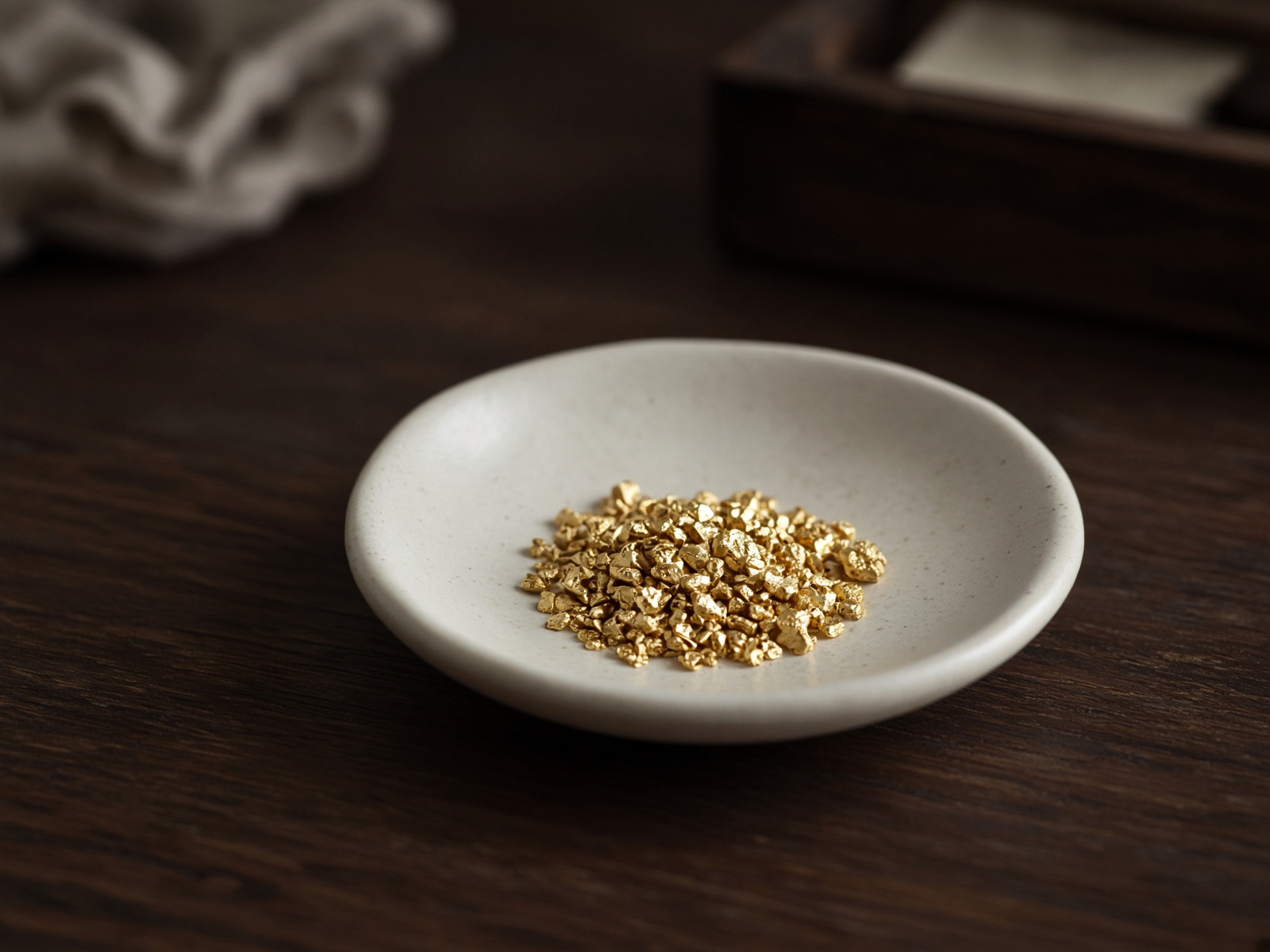 Grains d’or brut dans une coupelle en céramique